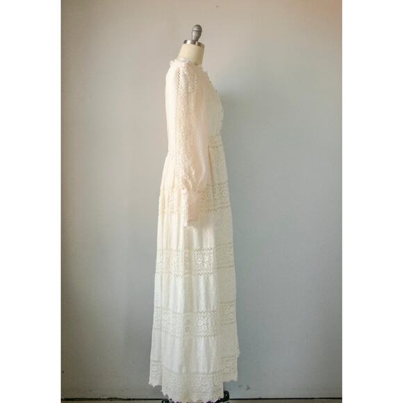 Vintage c. 1970 Emma Domb Boho Mod Prairie Victorian Lace Wedding Dress Davids - Picture 2 of 14